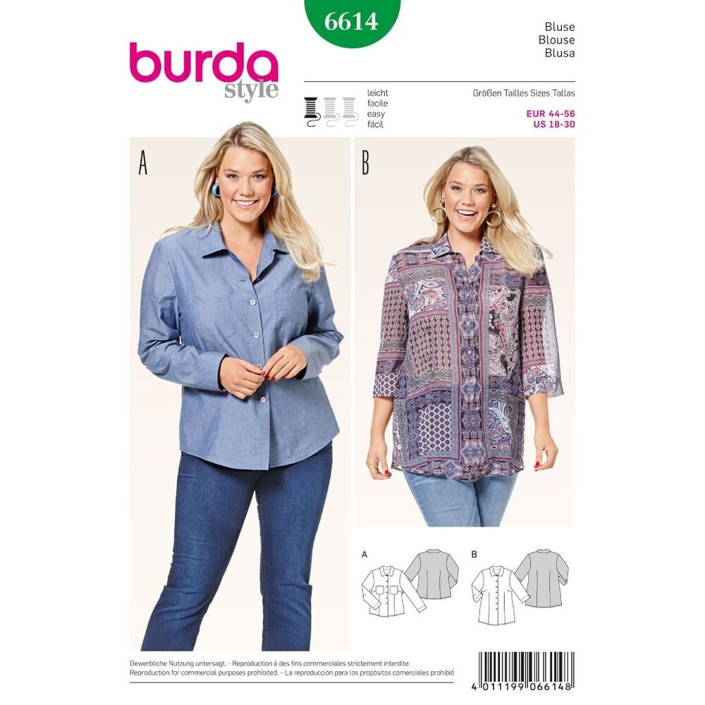 Burda Style 6614 Womens Blouse Sewing Pattern Sizes US 18-30‎ / EU 44-56